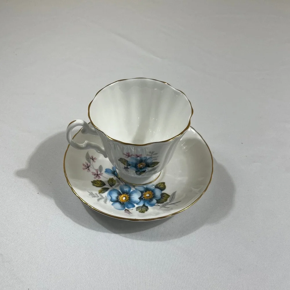 Royal Grafton Tea Cup Saucer Set White Blue Floral Gold Trim England